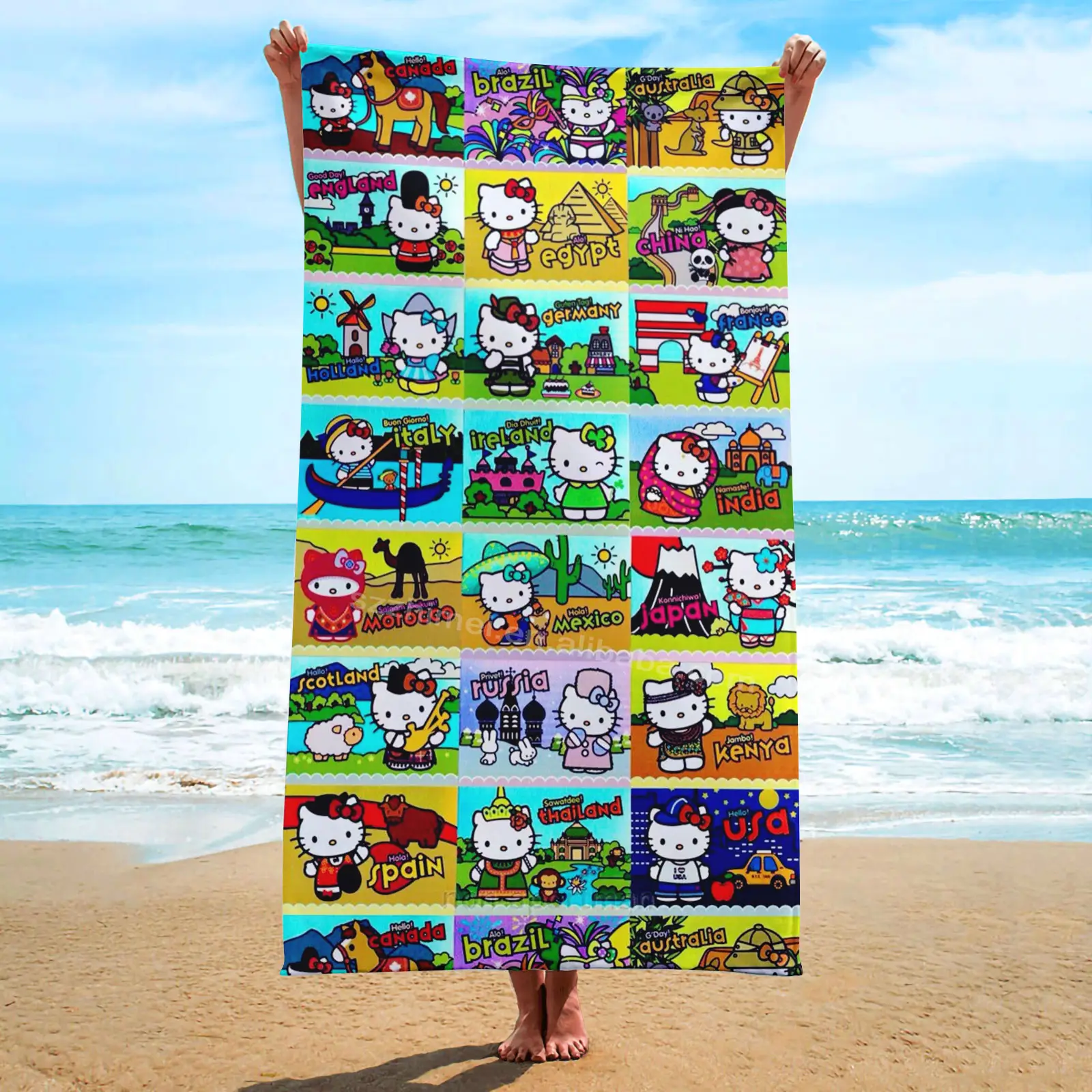 सबसे ज़्यादा बिकने वाला कस्टम मुद्रित किटी दुनिया भर में यात्रा करें मैक्सिकन फ़ुटबॉल किटी पैटर्न रेत मुक्त त्वरित शुष्क समुद्र तट तौलिया