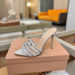 2026 New Rhinestone Silk Satin Slip-On High Heel Slippers Women's Thin Heel Pointed Toe Open Toe Rubber Outsole Wedding <b>Sandals</b> - Product Image 6