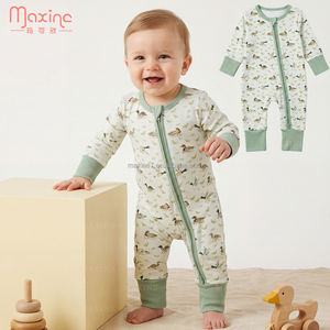 <span class=keywords><strong>Combinaison</strong></span> pour enfants en gros, jersey en coton de bambou, pyjama à fermeture éclair, imprimé canard, barboteuse bébé, barboteuse à bulles - Product Image 1
