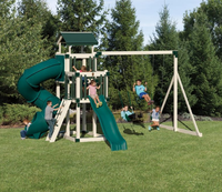 Grand ensemble de jeux d'extérieur en bois et acier avec double toboggan, toboggan en spirale et balançoires pour jardin et parc
