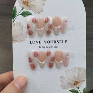 <span class=keywords><strong>Uñas</strong></span> Postizas Hechas a Mano, Diseño de Cobertura Completa, Acrílicas, Forma Almendrada, Cortas, Ovaladas, Cristal de Hielo, <span class=keywords><strong>Rosa</strong></span>, Ojo de Gato, Flor de Melocotón, Largas, para Uso Diario - Product Image 3