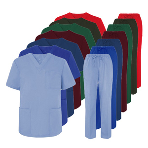 Ensembles d'uniformes médicaux unisexes en gros, économiques, comprenant un haut de blouse médicale à col en V avec fentes latérales et un <span class=keywords><strong>pantalon</strong></span> d'infirmière ajusté pour <span class=keywords><strong>femme</strong></span> avec plusieurs poches pour stylos - Product Image 2