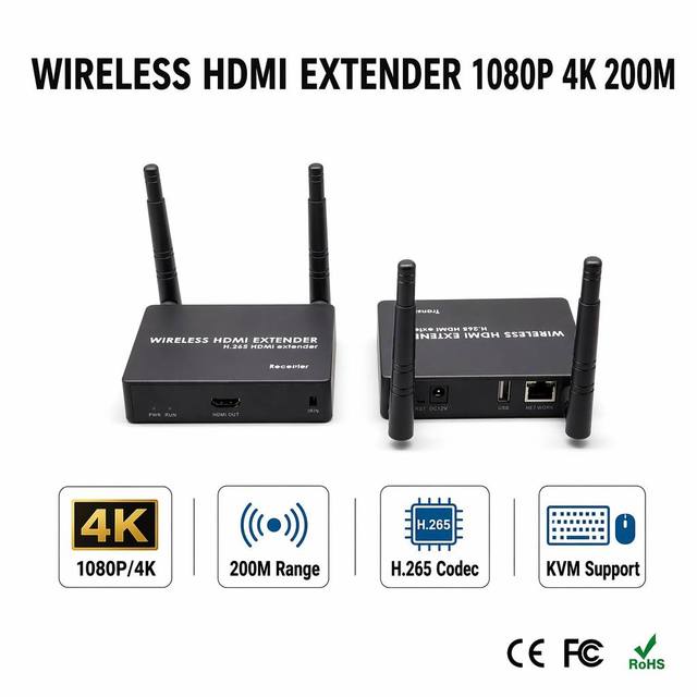 200M 5GHz HDMI Wireless Extender 4K 1080P 1TX to 8RX Kit With KVM and IR Control for PC Laptop Gaming Console Monitor Display