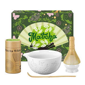 Traditional Japanese 4PC Matcha <b>Tea</b> <b>Set</b> Ceramic Bowl & PP Whisk with Flower Pattern for Home <b>Tea</b> Ceremony - Product Image 1
