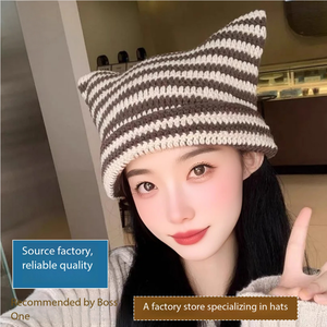 Chapeau en laine tricoté à la main pour femme, motif chat mignon, rayé, chaud pour l'automne et l'hiver, personnalisé - Product Image 2