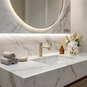 Dalle en pierre frittée Calacatta Gold brillante au design moderne, pour comptoirs <span class=keywords><strong>de</strong></span> cuisine et murs <span class=keywords><strong>de</strong></span> salle à manger/salon. - Product Image 6
