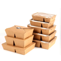 Boîte à nourriture rapide en papier kraft avec couvercle transparent, emballage pour sushis et desserts avec des assiettes jetables
