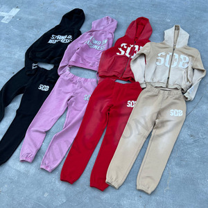 Vêtements de rue brodés d'autocollants de différentes couleurs, ensemble de survêtement en éponge avec fermeture éclair, ensemble de survêtement lavé à l'acide - Product Image 6