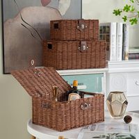Panier de rangement pour pique-nique en rotin tressé en plastique brun, grand format, durable et moderne, avec couvercle et poignée, lot de 3