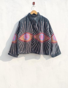 <b>Velvet</b> Embroidered Eye Pattern Suzani <b>Jacket</b> <b>Women</b> Open Front Three Quarter Sleeve Autumn Short Outerwear Hand Embroidery Design - Product Image 4