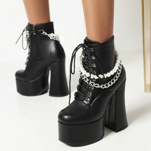 Bottines élégantes à fermeture éclair latérale avec chaîne de perles, bout carré noir, plateforme, lacets, talon épais, grande taille 43 - Product Image 4