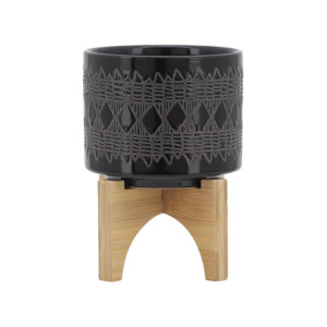 Vaso in ceramica moderno con supporto in bambù per uso interno ed esterno, vaso decorativo rotondo per piante - Product Image 1