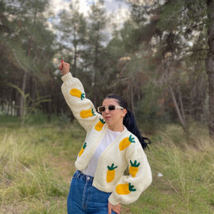 Women's <b>White</b> Hand <b>Knitted</b> Pineapple Applique <b>Cardigan</b> Lantern Sleeve O Neck Casual Sweater All Seasons - Product Image 1
