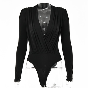 European American Style Women's V Neck Long Sleeve Bodysuit Solid Color Knitted Wrap <b>Tie</b> Blouse Everyday Wear FD9217 - Product Image 5