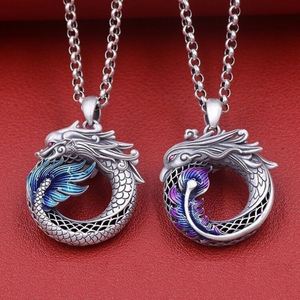 Chinese Vintage Dragon and Phoenix Shining Peace Buckle Pendant Retro <b>Couple</b> <b>Necklace</b> Vintage Blue Enamel Colored <b>Necklace</b> - Product Image 1