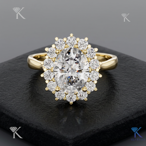 Anillo de compromiso de diamante ovalado cultivado en laboratorio, oro macizo, banda vintage festoneada con halo, joyería fina hecha a medida para mujer, venta al por mayor - Product Image 1
