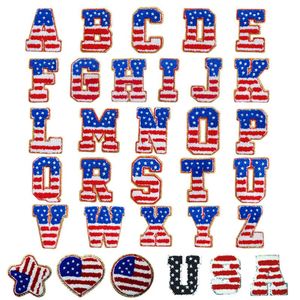 Nouveaux patchs thermocollants en chenille avec motif drapeau, étoiles et lettres, bordure dorée pailletée, pour la décoration de chapeaux et de vêtements, thème Fête de l'Indépendance des États-Unis - Product Image 1