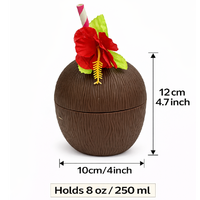 Lot de 6 gobelets en noix de coco avec pailles à fleurs d'hibiscus pour décorations de fête d'anniversaire sur le thème tropical hawaïen, plage, piscine, été