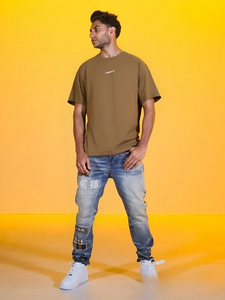 Venta al por mayor de fábrica Patrón de serigrafía Camisetas de gran tamaño para hombres Camiseta de cuello redondo holgada de color sólido de peso pesado - Product Image 3
