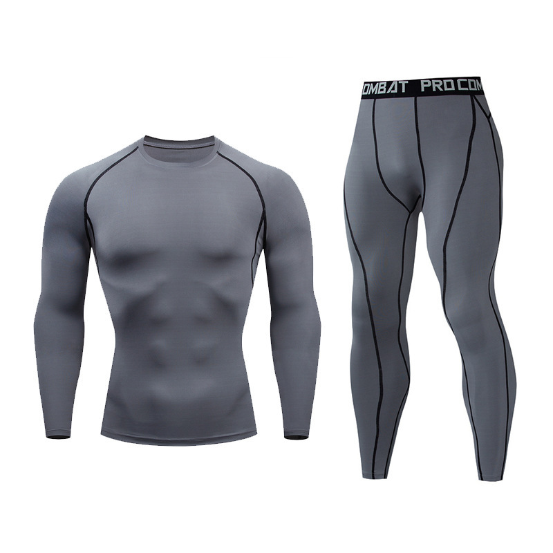 Tuta da ginnastica a compressione da uomo 2 pezzi da allenamento Active Gym Wear Set Private Label maniche lunghe Fitness Compression collant Suits