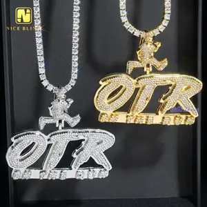 Fashion design OTR lettera ciondolo in ottone hip hop gioielli ghiacciati su misura CZ con catena di corda