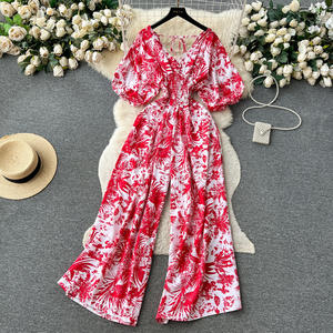 Combinaison de Vacances pour <span class=keywords><strong>Femme</strong></span> Décontractée d'Été, Jambes Larges, Manches Longues Ballon, Taille Élastique, Design Amincissant - Product Image 3