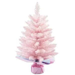 Pohon Natal PVC merah muda grosir pohon Natal kecil kaki kayu berkualitas tinggi