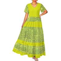 Robe longue maxi à volants style îles Samoa, imprimé intégral personnalisé, col en V, manches courtes, ourlet à volants, coupe ample, pour la plage tropicale
