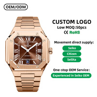 Montre mécanique de luxe pour homme de la marque CARNIVAL avec cadran carré rouge, bracelet en acier inoxydable, luminescent, résistant à l'eau 50M