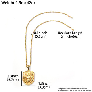 Colgante de Lujo con Cabeza de León, Personalizable con Grabado, Acero Inoxidable 316L, Chapado en Oro de 18K, Cadena Gruesa de Cuerda Trenzada, Unisex - Product Image 6