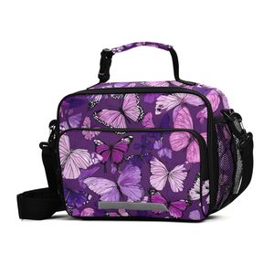 Portable Eco-friendly Purple Butterfly Pattern Custom Logo 2 Persons Kids Thermal <b>Insulated</b> <b>Lunch</b> Bag Zipper Adjustable Strap - Product Image 3