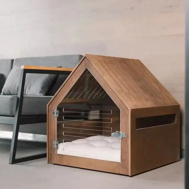 Casa de madera para mascotas de animales de interior, perrera, jaulas para perros y gatos, muebles, puerta acrílica, casa para mascotas, 2023, estampado marrón de madera a la moda