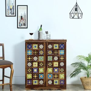 Durable Sheesham Wood <b>Bar</b> Cabinet Provincial Teak Finish Solid Hardwood <b>Bar</b> Furniture with <b>Shelves</b> for Home Living Room - Product Image 1