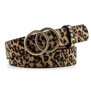 Custom Animal Skin Pattern Plush PU Belt Women Fashion Double Rings Buckle Leopard Belt