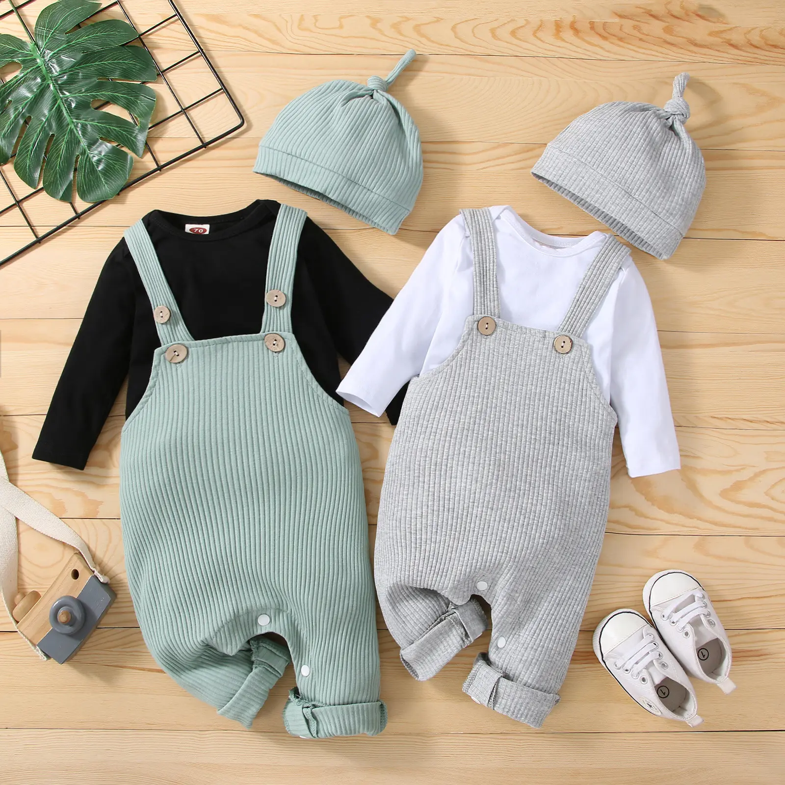2172 New Baby Boys 3 Pcs Clothing Set Long Sleeve Solid Romper + Knitting Rib Bib Pants + Hat Outfits For Baby