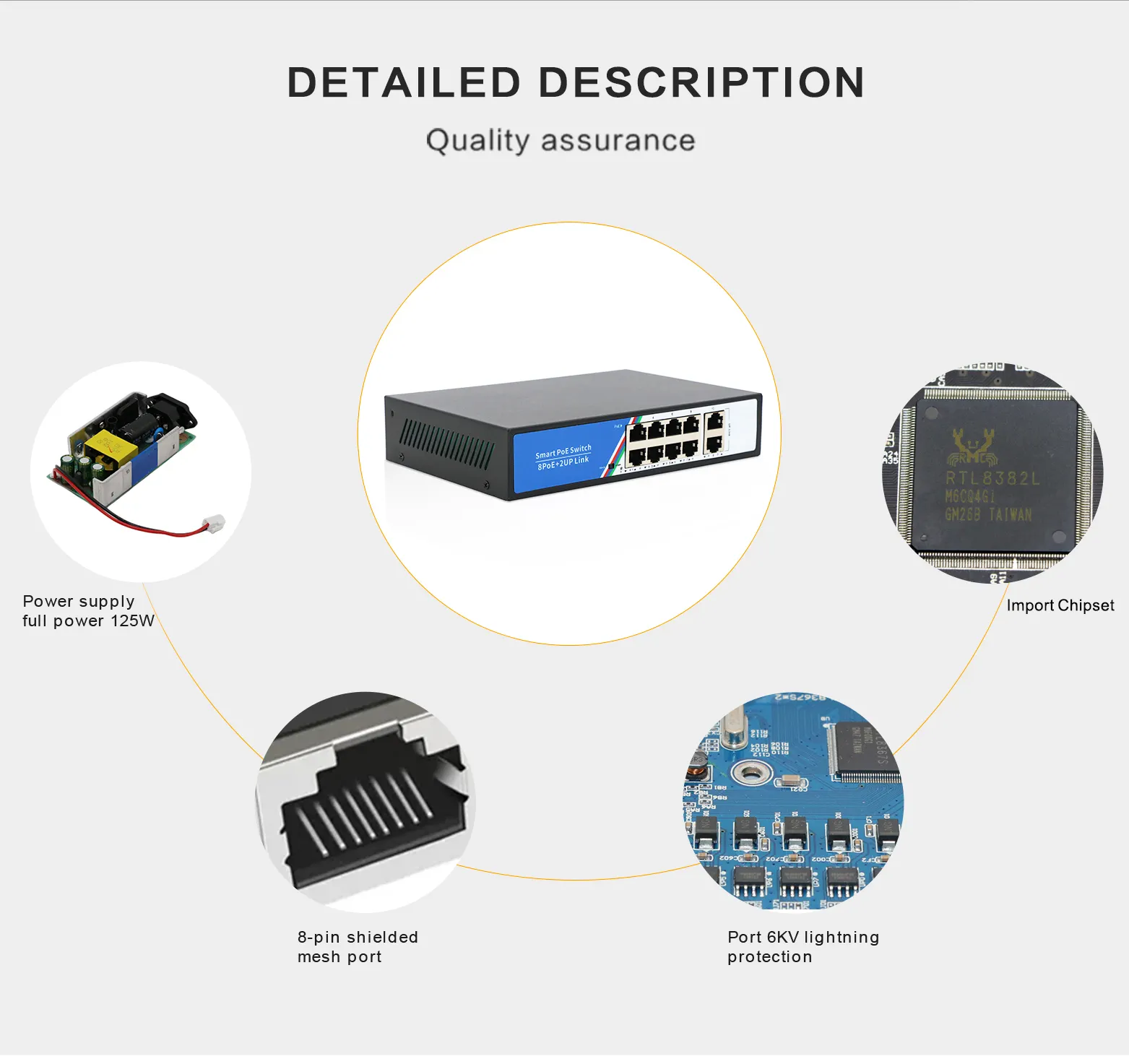 Ai 2-Up bağlantı güvenlik kamerası 48V aktif IEEE 802.3 PoE geçiş anahtarı 8-Port 100M VLAN fonksiyonu ile PC için masaüstü muhafaza