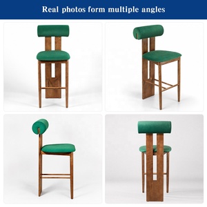 Sgabello da Bar in Velluto Verde Francese con Gambe in Legno Massello per Isola <span class=keywords><strong>Cucina</strong></span> e Caffetteria - Product Image 2