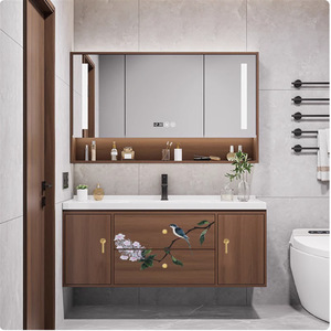 New Chinese style flower and bird embroidery bathroom cabinet intelligent mirror cabinet with light solid wood hanging - Product Image 1