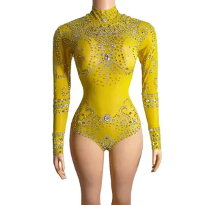 Tasarımcı şeker renk Rhinestone uzun kollu sahne performansı tulum Spandex mayoları kadınlar yetişkin gösterisi dansçı kulübü Bodysuits