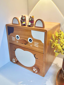 Organisateur de bureau en bois massif avec 2 tiroirs, design chat de dessin animé mignon, pour cosmétiques et papeterie, décoration de bureau/chambre - Product Image 1