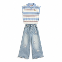 Ensemble 2 pièces tendance pour filles, haut polo rayé sans manches, pantalon large en jean à imprimé étoile, tenues décontractées à la mode européenne pour enfants
