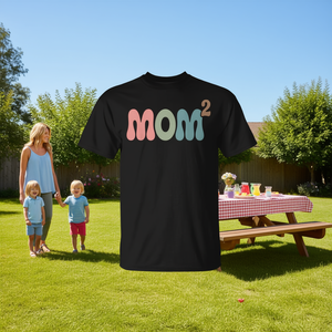 T-shirt Mom2 Mom Squared Mother Of Two Twins Mama, manches courtes, col rond, unisexe, pour adultes, pour réunion de famille, tenue de fête - Product Image 3