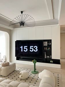 <span class=keywords><strong>Meuble</strong></span> <span class=keywords><strong>TV</strong></span> moderne avec étagère ouverte, design sans poignées, finition laquée blanche et noire - Product Image 1