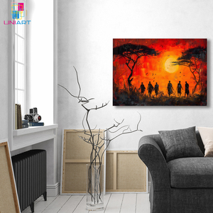 Impresión en Lienzo de Arte Africano UNIART, Pintura al Óleo de Atardecer en la Savana, Arte Tribal Africano, Impresión Moderna en Lienzo para Decoración de Hogar y Oficina - Product Image 5