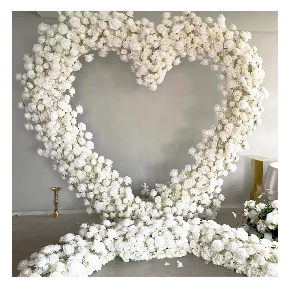 Customized Wedding Background Decor Artificial White Roses Faux Floral Row Rose Flower Heart Arch For Wedding Event Rent