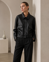 Veste en cuir d'agneau véritable pour femme, col à revers, boutons-pression, coupe courte, poches plaquées, style vintage