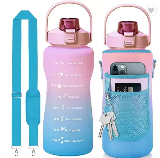 Large Capacity Leakproof Tritan BPA Free Half Gallon 64OZ Time Marker Plastic Sport Water Bottle With Straw & Sleeve Cups