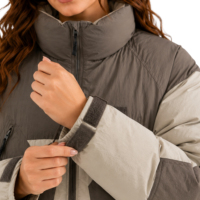 Veste matelassée géométrique patchwork pour femme, col montant, fermeture éclair sur le devant, patch de marque auto-agrippant, manteau chaud d'extérieur