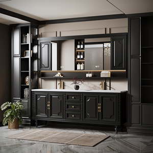 <span class=keywords><strong>Mobile</strong></span> <span class=keywords><strong>Bagno</strong></span> Nero con Pannello Goffrato e Doppio Lavabo, Armadietto in Legno Massello con Nicchia Centrale Illuminata e Specchio Antiappannamento a LED - Product Image 3
