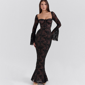 Robe longue sexy en dentelle sans bretelles, style européen et américain, avec manches cloche, couche transparente, dos nu et découpes, pour rendez-vous, soirées et scène - Product Image 1